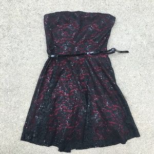 strapless red and black lace dress